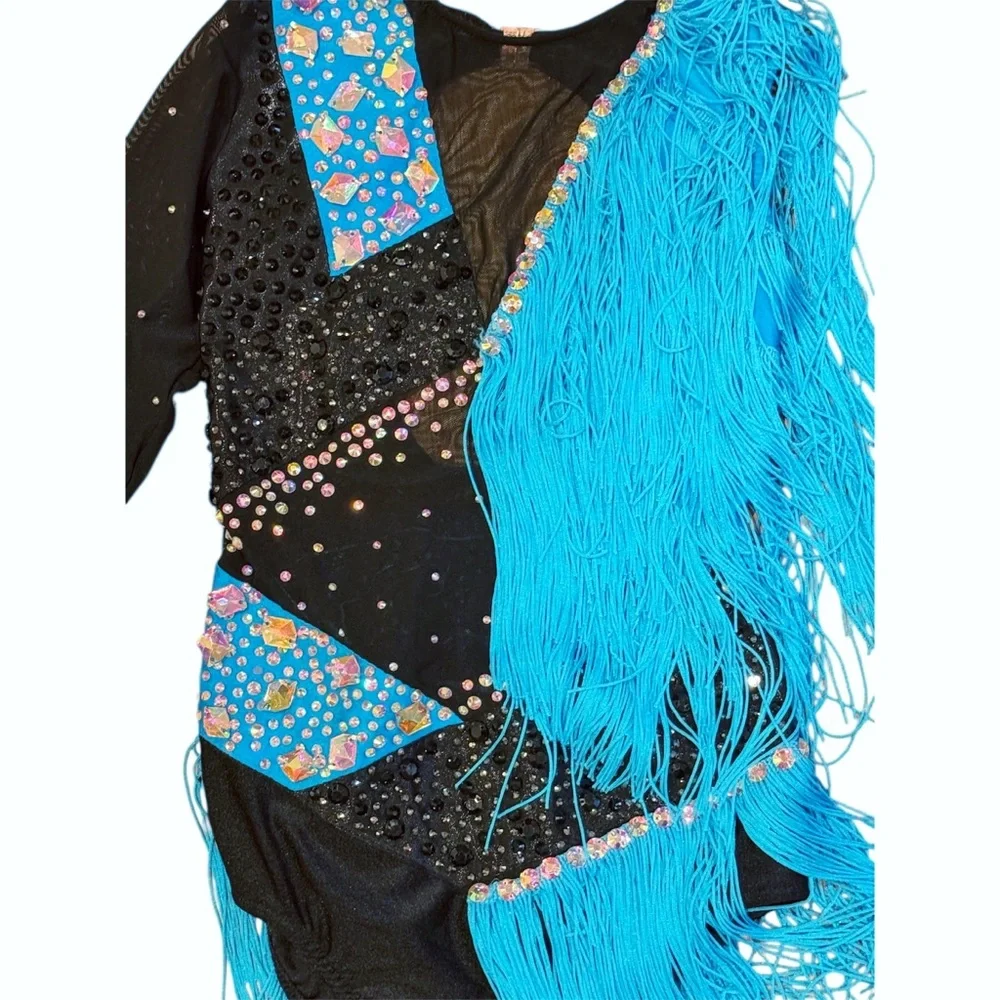 Glamour | Bold Blue and Black Asymmetrical Leotard Dance Costume with Fringe LC